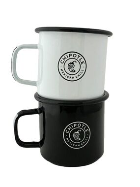 Set of 2 black and white Chipotle Mexican Grill enamel camping Cups